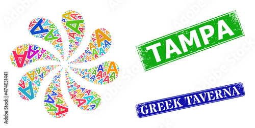 Alpha Greek symbol icon multicolored centrifugal cluster turbine salute shape, and grunge Tampa stamp. Blue Greek Taverna and green Tampa rectangle grunge seal stamps.