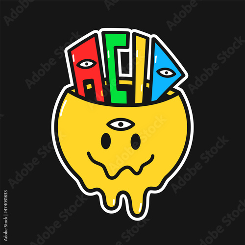 Funny melt smile face with Acid word inside. Vector hand drawn doodle 90s style cartoon character illustration logo. Trippy smile face,lsd,acid,trip print for t-shirt,card,sticker,patch,poster concept