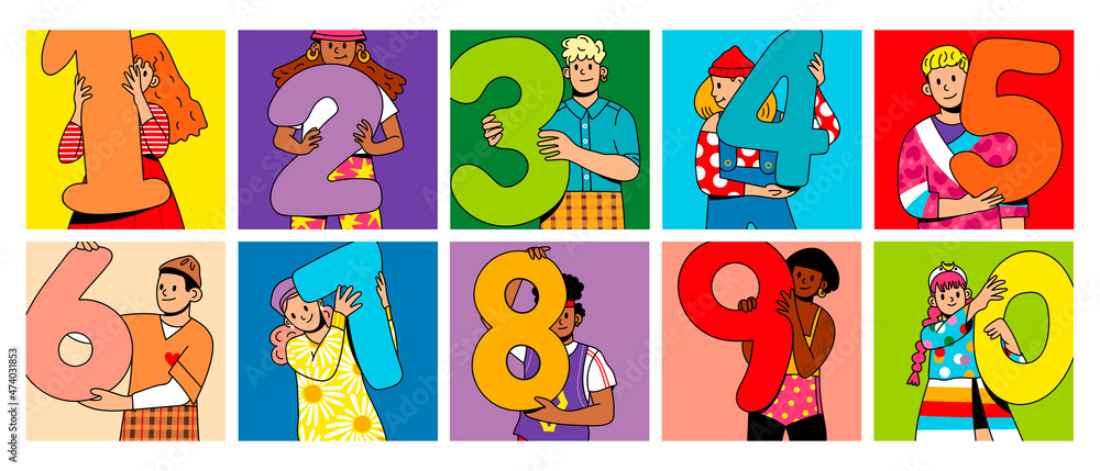Fototapeta premium Boys and Girls holding big numbers. Set of happy joyful people showing big numbers. Education, birhtday, celebrating achievements concept. Cartoon comic style. Hand drawn modern Vector illustration