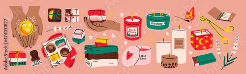 Handmade natural organic Soap, Candles. Set of soap bars, hands holding soap, present boxes, candles, towels. Spa, diy cosmetics, bathing, eco, relaxation concept. Hand drawn Vector illustration