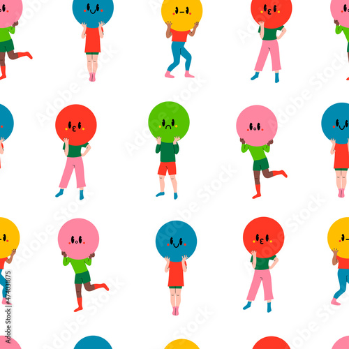 Playful people holding large circles with faces instead of heads. Big round colorful heads with various Emotions. Different mood concept. Hand drawn Vector seamless Pattern. Background, wallpaper