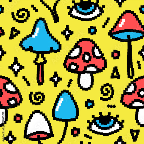 Funny magic mushroom pixel art seamless pattern. Vector doodle cartoon graphic illustration design. Trippy psilocybin magic mushroom pixel art,8 bit,16 bit style print seamless pattern concept