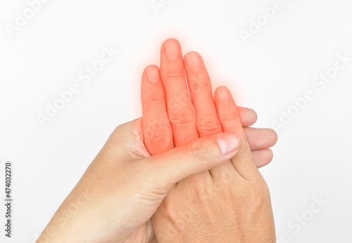 Inflammation of Asian man’s fingers and hand. Concept of hand pain and finger problems.