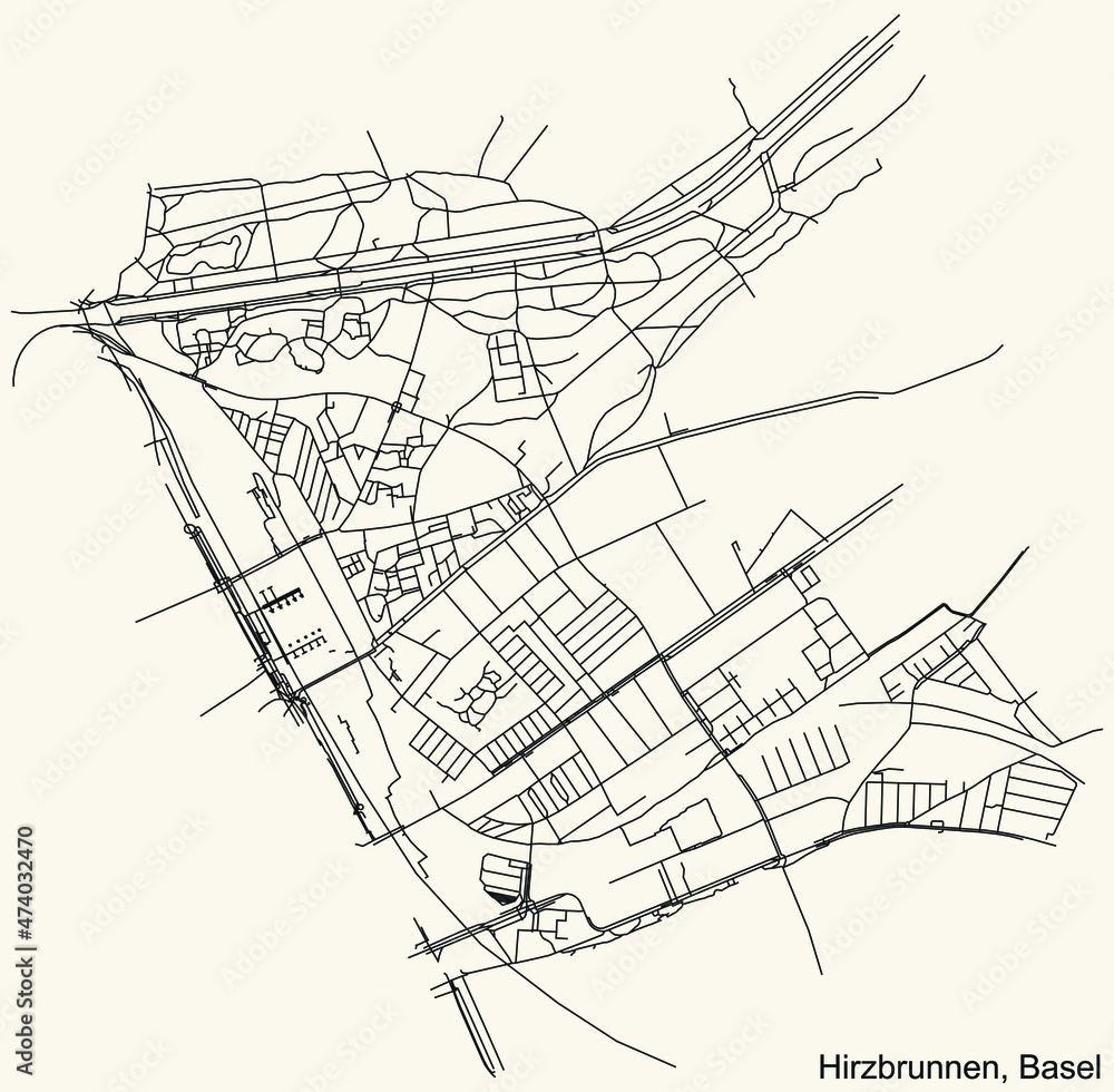 Detailed navigation urban street roads map on vintage beige background of the quarter Hirzbrunnen District of the Swiss regional capital city of Basel, Switzerland