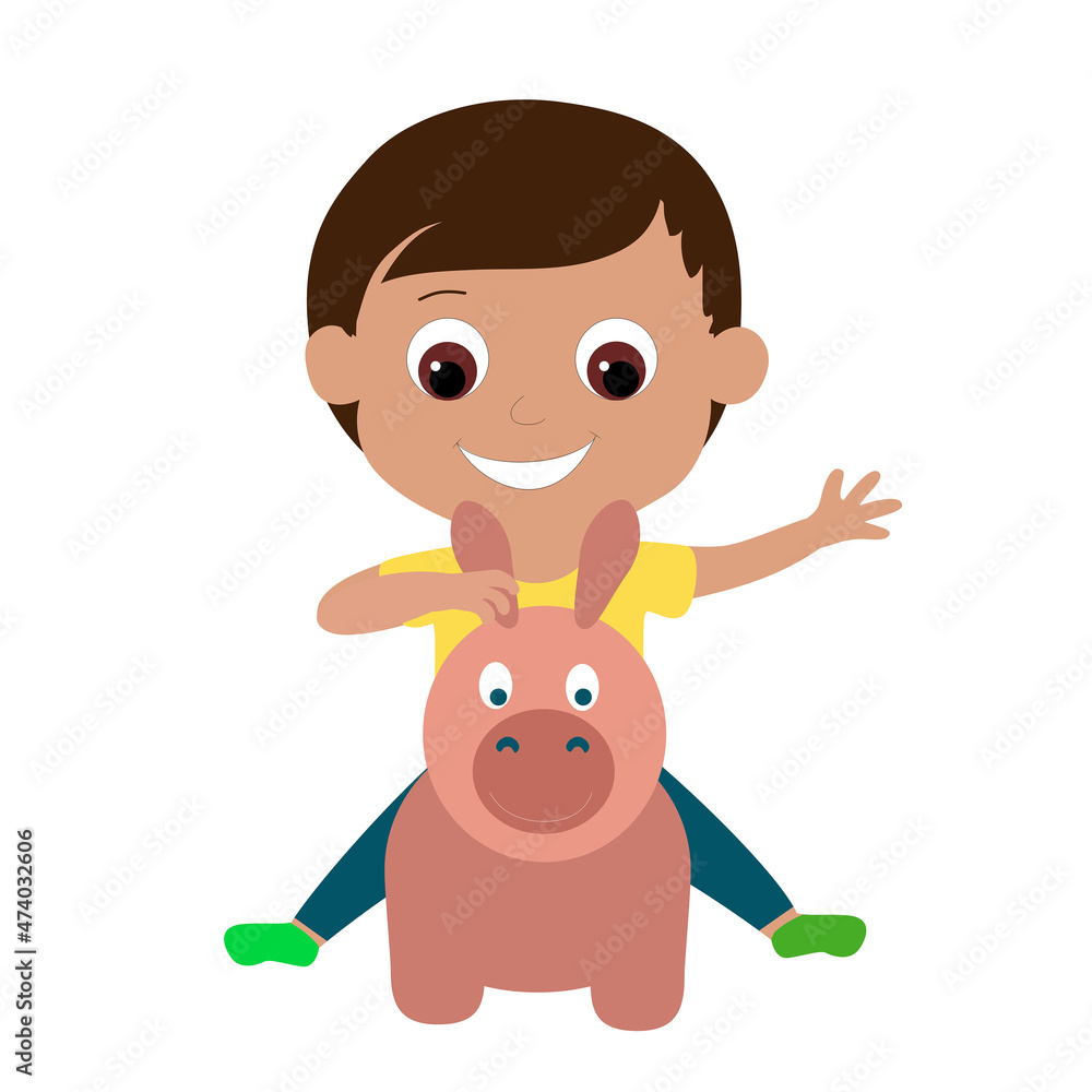 Obraz premium Little child boy sits on a toy rubber horse jumper. Preschool child and he is happy and smiling happily. Cartoon vector illustration of childhood and games and children's outdoor activities. 