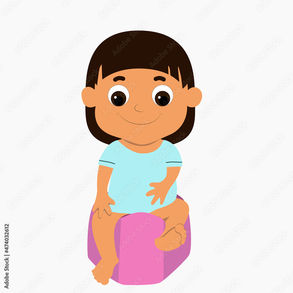 A cute little girl is sitting on a baby toilet pot. A European or Asian child smiles happily. Positive cartoon flat illustration isolated on white background. A cute little girl is sitting on a baby toilet pot. A European or Asian child smiles happily. Positive cartoon flat illustration isolated on white background.