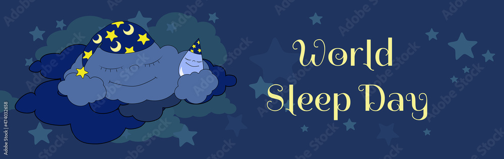 Horizontal banner cloud and raindrop in a nightcap sleep peacefully ...