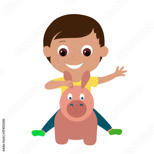 Little child boy sits on a toy rubber horse jumper. Preschool child and he is happy and smiling happily. Cartoon vector illustration of childhood and games and children's outdoor activities. 