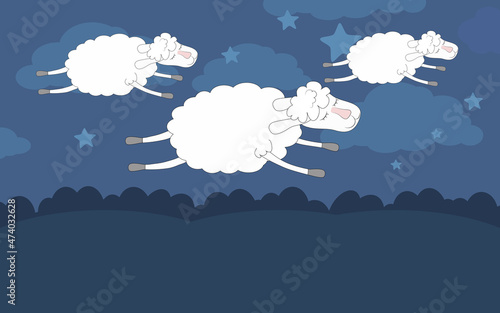 Very cute white sheep are jumping in the night cloudy sky with a contented and cheerful look. Below is a box on which there is a place for your text. Cartoon cheerful flat style.