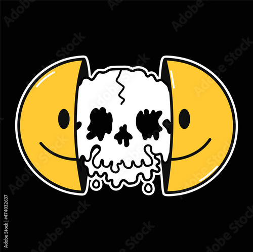 Two half of smile face with melting skull inside. Vector hand drawn doodle cartoon character illustration. Smile emoji face,melt flex acid skull in head,techno print for t-shirt, poster, card concept