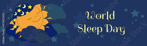 Horizontal banner The sun in a nightcap is dozing among the clouds and stars in the night sky. World sleep day and the concept of good sleep, fairy dreams, dreams and magic.
