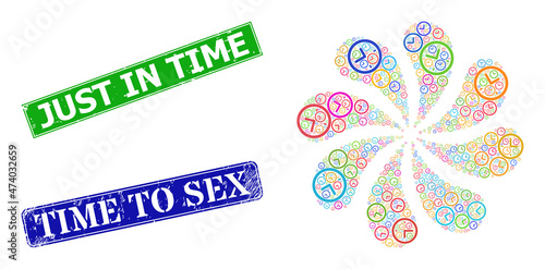 Clock icon multi colored swirl bang turbine salute composition, and grunge Just in Time stamp seal. Blue Time to Sex and green Just in Time rectangle grunge seal stamps.