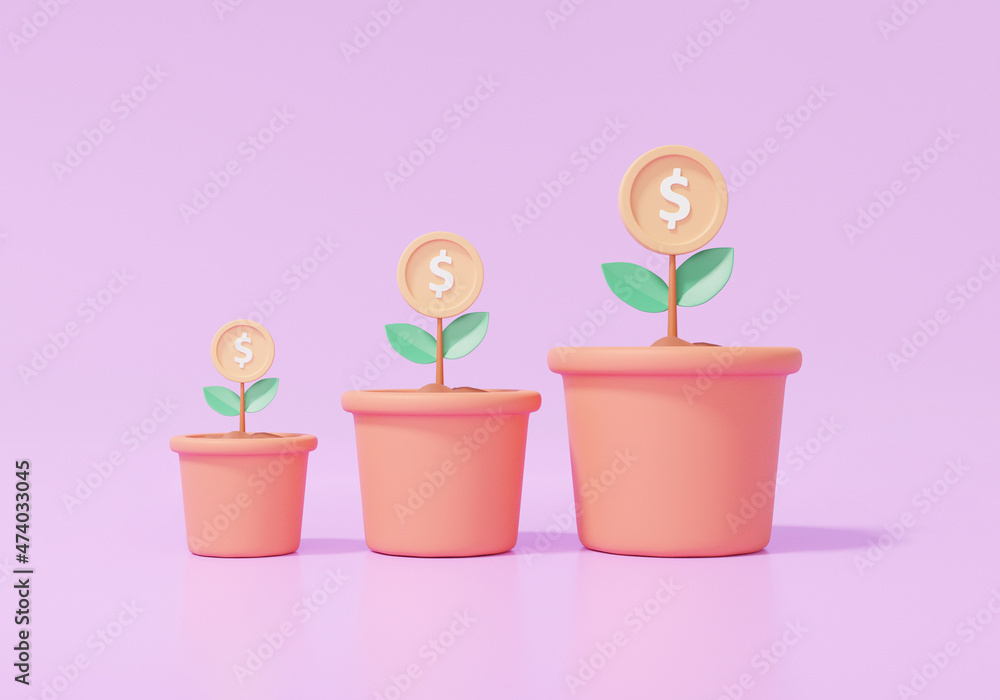 3D Three plant pot small to large with money tree coin dollar on purple background. Business profit investment concept, Finance education. cartoon minimal. 3d render illustration
