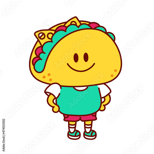Cute funny happy taco logo mascot. Vector doodle line cartoon kawaii character illustration logo icon. Isolated on white background. Taco, mexican fast food cartoon mascot concept