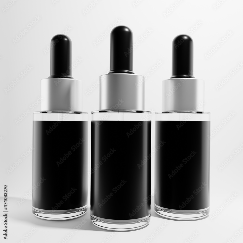 Obraz premium three glass cosmetic droppers with blank label a front label 3d render