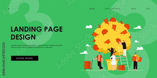 Happy tiny people growing money tree isolated flat vector illustration. Cartoon characters investing finances for revenue growth. Business prosperity, wealth and agriculture concept