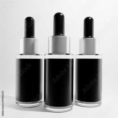 three glass cosmetic droppers with blank label a front label 3d render