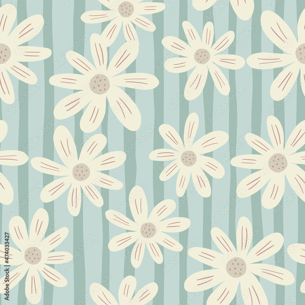 Random ditsy flowers seamless pattern on stripe background. Vintage chamomile print.