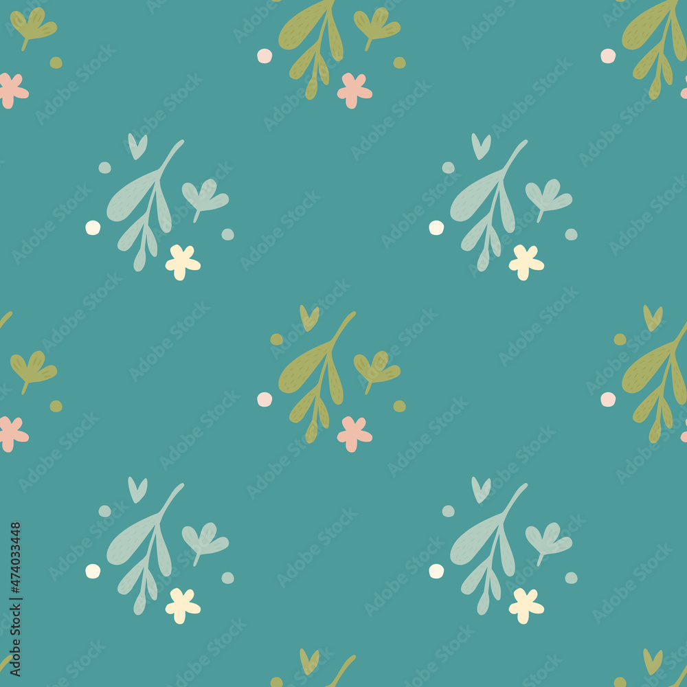 Simple small flowers and leaf seamless pattern on green background