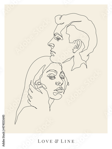 Couple in love. Romantic lovers portrait. Linear sketch logo tattoo
