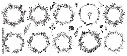 Collection Scandinavian Floral wreaths. Botanical wildflowers. Black and white Wreaths from different branches with flowers, berries. Vector illustration.