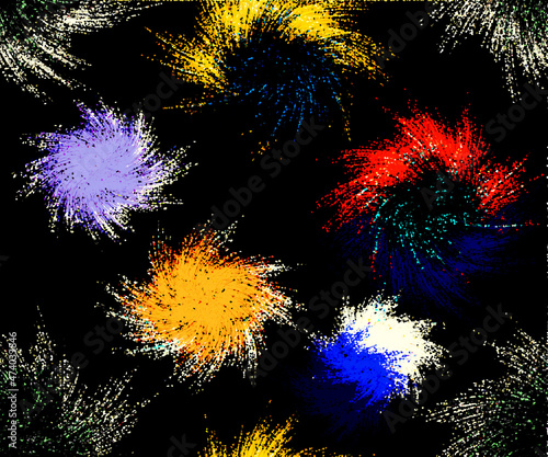 Festive colorful bright twisted fireworks  on black background