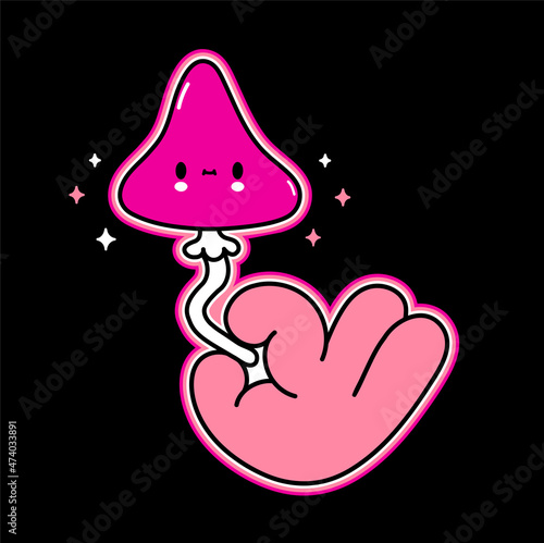 Cute magic mushroom in hand t-shirt print design. Vector hand drawn logo cartoon character illustration. Trippy psilocybin magic mushroom, cute kawaii face print for t-shirt,poster,sticker concept