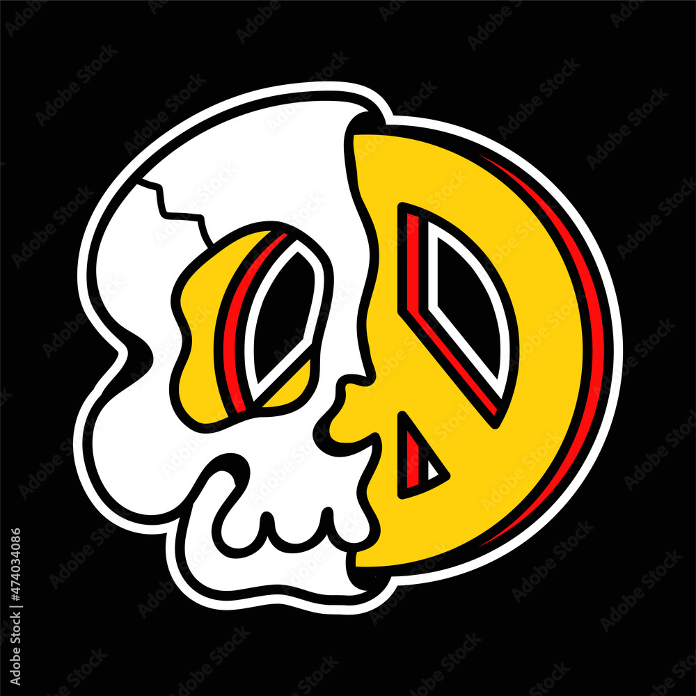 Half of skull with peace hippie symbol inside tee,t-shirt print. Vector hand drawn line 70s style cartoon character illustration. Trippy half skull,peace print for t-shirt,poster,card concept Half of skull with peace hippie symbol inside tee,t-shirt print. Vector hand drawn line 70s style cartoon character illustration. Trippy half skull,peace print for t-shirt,poster,card concept