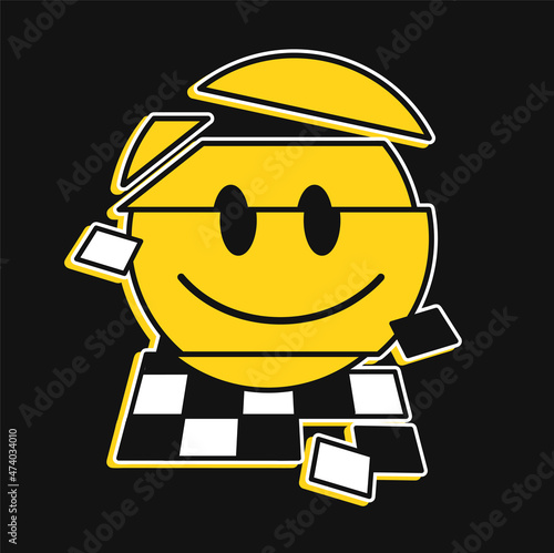 Funny crazy distortion line smile face on geometry chess grid.Vector crazy cartoon character illustration.Smile glitch distortion techno,trippy acid print for poster,sticker,t-shirt concept