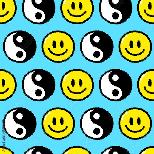 Trippy smile face,Yin Yang pixel art seamless pattern. Vector cartoon graphic illustration design. Trippy smile face, psychedelic,techno pixel art,8 bit,16 bit style print for poster, t-shirt concept