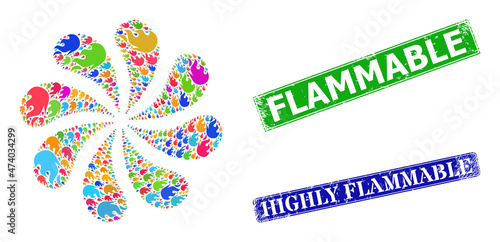 Fire flame icon colored swirl cluster turbine fireworks shape, and grunge Flammable stamp seal. Blue Highly Flammable and green Flammable rectangle grunge seal stamps.