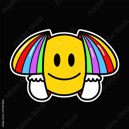Two half of magic mushroom with smile face inside. Vector hand drawn doodle 90s style cartoon character illustration. Trippy smile smiley face, magic psilocybin mushroom concept