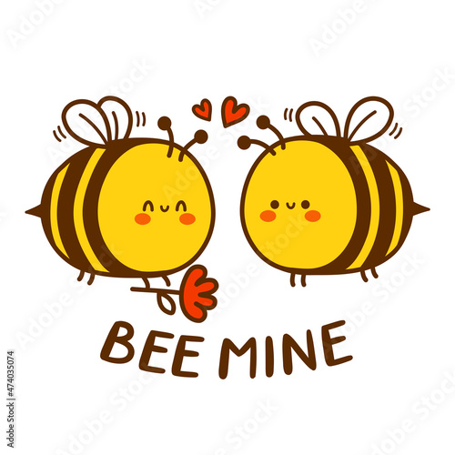 Cute funny bee present flower character. Bee mine quote. Vector hand drawn cartoon kawaii character illustration icon. Cute kawaii romantic,love,couple card,poster concept