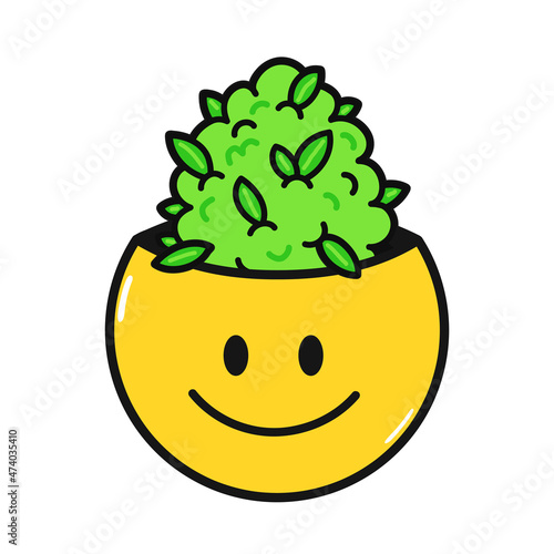Funny smile face with cannabis bud inside.Vector hand drawn doodle 90s style cartoon character illustration.Trippy smile face,marijuana,cannabis,weed print for t-shirt,poster,card,patch, logo concept