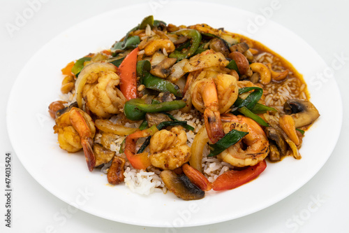 Thai Style Cashew Nut Shrimp with White Rice on a Plate