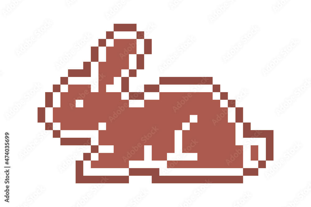 Obraz premium Pixel art gingerbread cookie rabbit decorated with white sugar icing, 8 bit food icon isolated on white background. Sweet spicy frosted biscuit. Christmas dessert ornament. Winter holiday pastry.