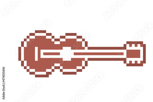 Pixel art gingerbread cookie guitar decorated with white sugar icing, 8 bit food icon isolated on white background. Sweet spicy frosted biscuit. Christmas dessert ornament. Winter holiday pastry.