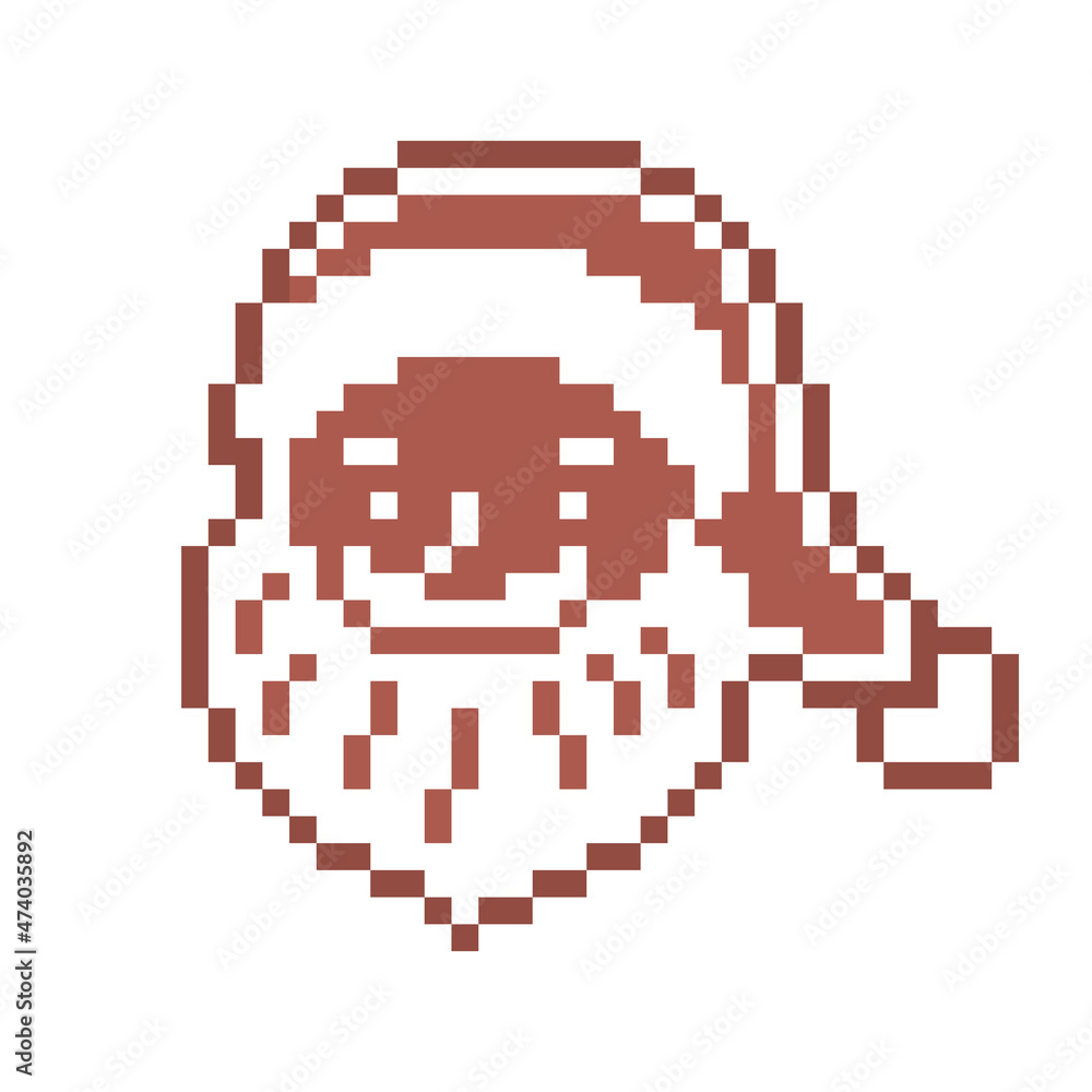 Pixel art gingerbread cookie Santa decorated with white sugar icing, 8 bit food icon isolated on white background. Sweet spicy frosted biscuit. Edible ornament. Christmas dessert.Winter holiday pastry