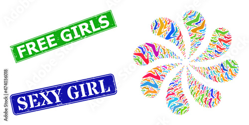 High heel lady shoe icon multi colored twirl twist flower fireworks composition, and rubber Free Girls seal. Blue Sexy Girl and green Free Girls rectangle grunge seal stamps.