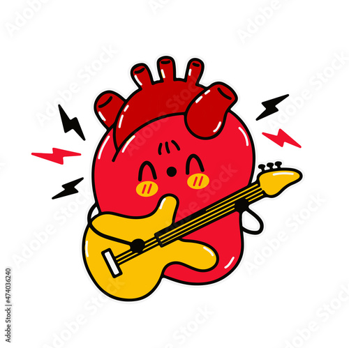 Cute funny heart human organ play on guitar. Vector doodle line cartoon kawaii character illustration icon. Isolated on white background. Heart,rock,human organ concept