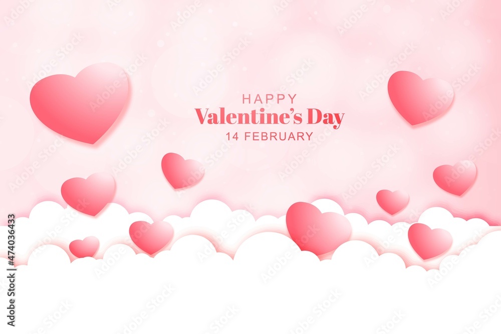 Valentine's day card with hearts on clouds background