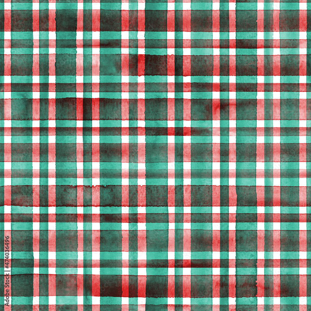 Watercolor stripe plaid seamless pattern. Red green stripes on white background