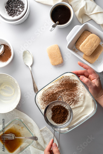 Tiramisu cake step by step recipe. Ingredients for cooking tiramisu dessert, grey background, vertical image.