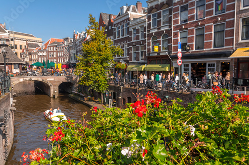 Traditional Dutch buildings and street view around the beautiful canals of Utrecht, NL