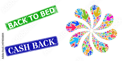 Left arrow direction icon vibrant centrifugal motion flower fireworks composition, and grunge Back to Bed stamp seal. Blue Cash Back and green Back to Bed rectangle grunge seal stamps.