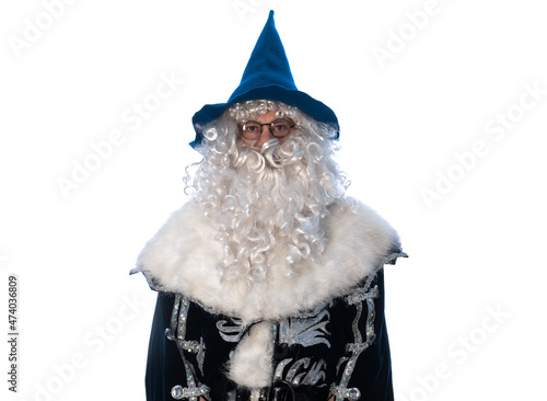 portrait of a wizard in a blue cloak
