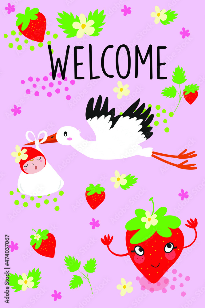 Baby announcement card. baby shower. stork with baby twins,  fruity strawberry, vector illustration