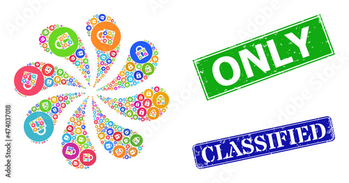 Locked icon multi colored twirl twist turbine salute shape, and scratched Only seal. Blue Classified and green Only rectangle grunge seal stamps.