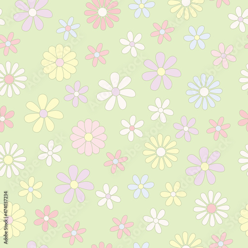 Trendy seamless pattern with cartoon flowers. Hippie and retro aesthetic. Colorful vector background in pastel tones. 60s  70s  vintage style