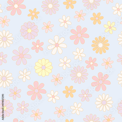 Wallpaper Mural Trendy seamless pattern with cartoon flowers. Hippie and retro aesthetic. Colorful vector background in pastel tones. 60s, 70s, vintage style Torontodigital.ca